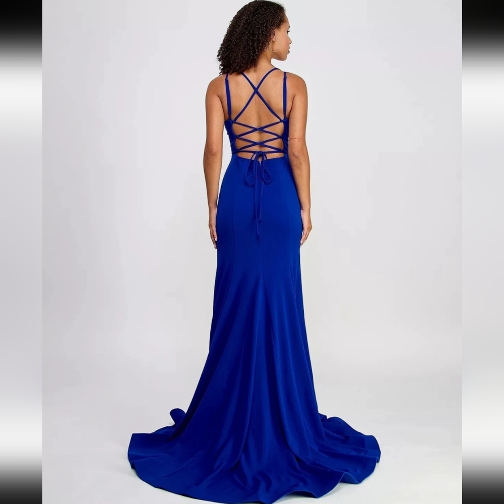 New!EMERALD SUNDAE Formal Juniors' Criss-Cross Mermaid Gown Cobalt Dress Size S - Picture 2 of 12